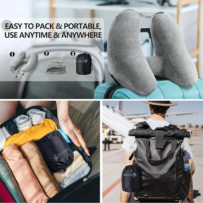 Sunany Travel Neck Pillow for Airplane Pillow Comfortably Supports Head, Neck and Chin, Inflatable Travel Pillow with Soft Velour Cover and Portable Drawstring Bag (Black) (Grey, H)