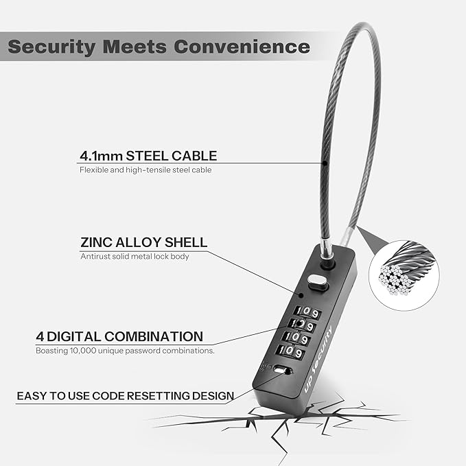 4 Digit Combination Cable Lock with Code for Luggage Suitcase, 11.8" Python Cable Chain, Combo Travel Lock for Bike Scooter Motorcycle Helmet Safe, Outdoor Fence Gate, Locker, Refrigerator