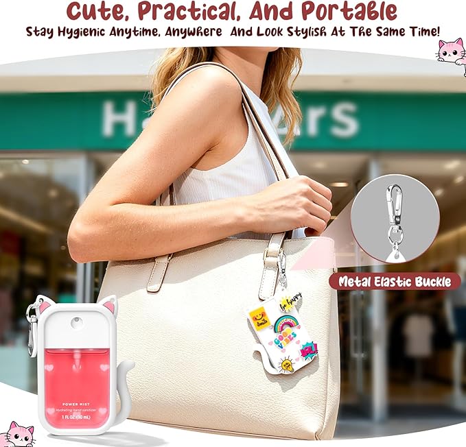 Cat Silicone Case for Touchland Hand Sanitizer Spray with Keychain, Compatible with Power Mist & Glow Mist 1 FL Oz/30ML for Touchland Case, with Charms Accessory Cute Travel Cover Sleeve White