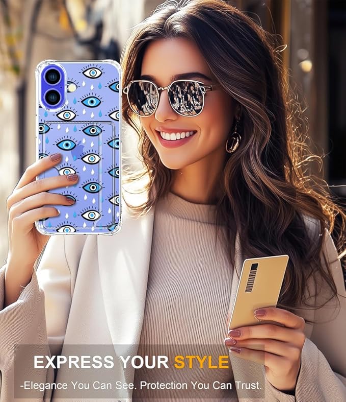 Compatible with iPhone 17 Case Card Holder for Women Cute Design,Wallet Phone Cases Transparent Cool Kawaii Protective (Clear Blue Evil Eyes)