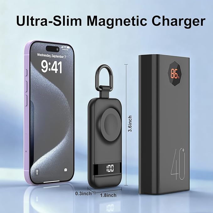 Portable Charger for Apple Watch, 2500mAh & Digital Display – Magnetic Fast Charging iWatch Charger for Travel & Keychain Use – Works with Apple Watch Series (Black)