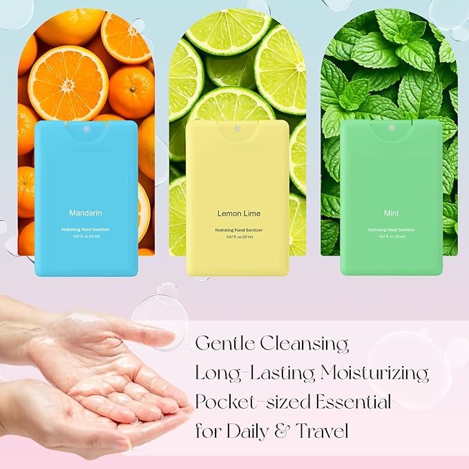 Set of 3 Power Mist Hydrating Hand Sanitizer Spray Bulk Travel Size Effective Hand Sanitizer 0.67 Fl. oz Compact Card Spray Bottle Mint Mandarin Lemon Lime Scent for Backpack Bathroom Baskets