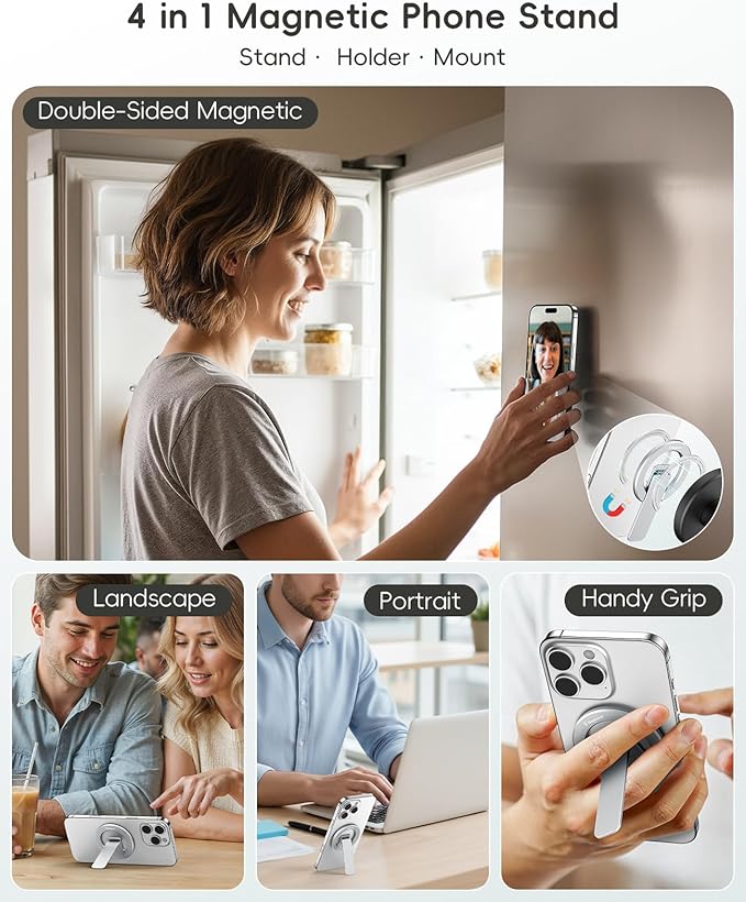Magtame Double-Sided Magnetic Phone Stand Grip, Strong Magnetic Kickstand Desk Holder for Mag&Safe and Smartphone, Foldable Adjustable Design, Silver