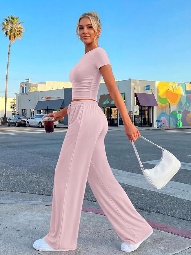 Trendy Queen 2 Piece Matching Summer Lounge Set Womens Side Ruching Top Wide Leg Pants Sets with Pockets