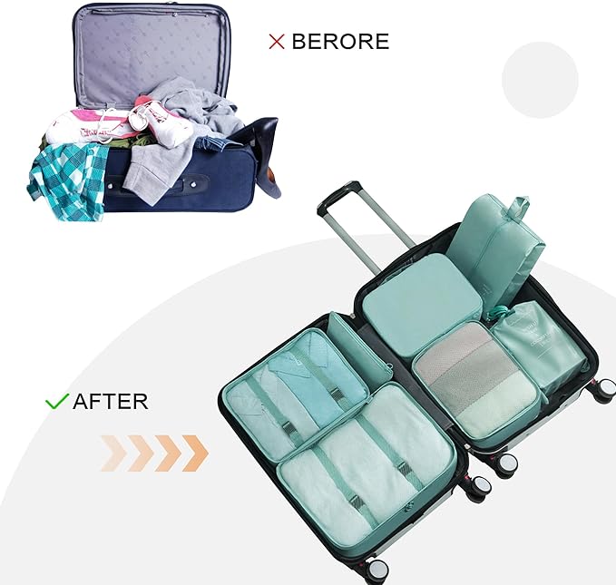 Vercord 8 Set Travel Packing Pods Luggage Organizers Cubes with Laundry Bags Accessories