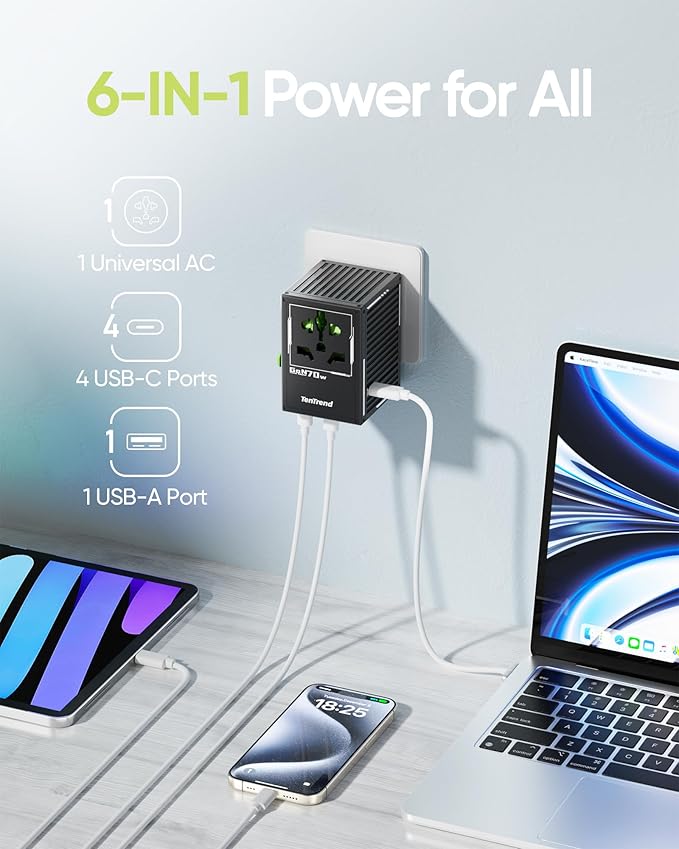 TenTrend 70W Universal Travel Adapter with 4 USB-C & 1 USB-A Ports, International Power Adapter, European Travel Plug Adapter, Worldwide Travel Essentials for EU UK AUS USA