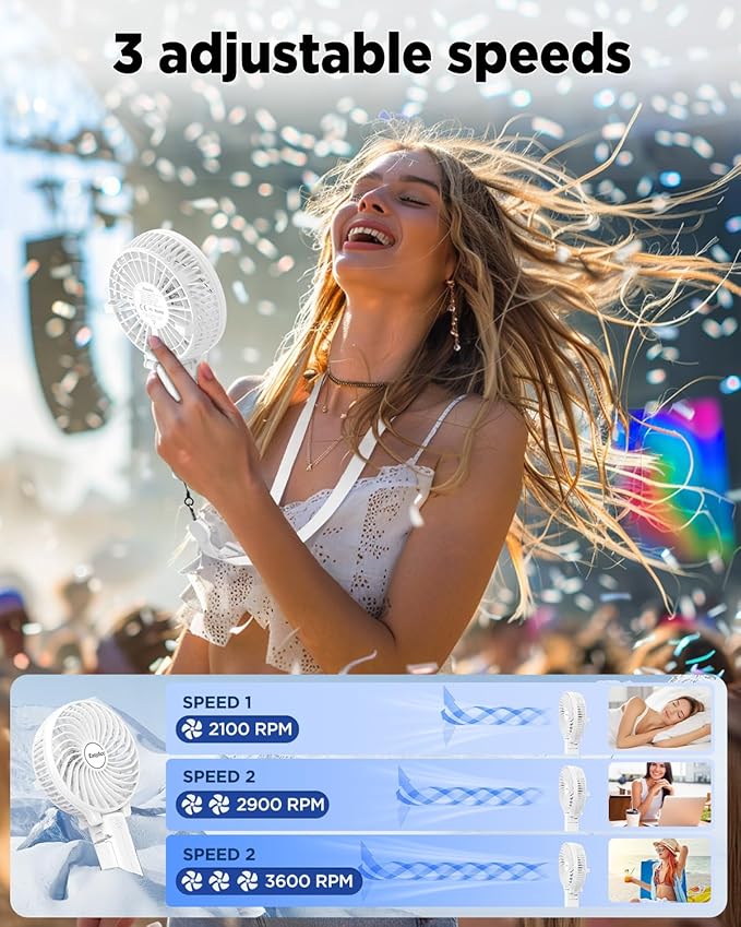 EasyAcc Handheld Fans [2x Crossbody Straps/2xDIY Stickers] for Portable Fan and Phones -Up to 10H Rechargeable Foldable Hand Desktop Fan for Home and Travel - White