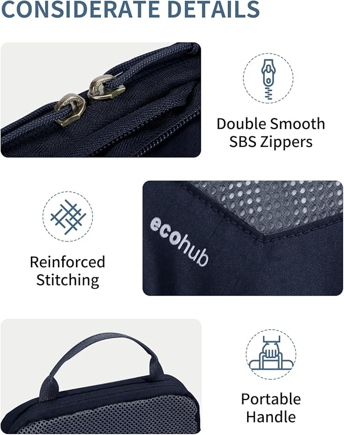 ECOHUB 4 Set Compression Packing Cubes for Travel Essentials, Suitcases Organizer Bags with Tag, Travel Bags Organizer for Luggage, Navy Blue-Compress