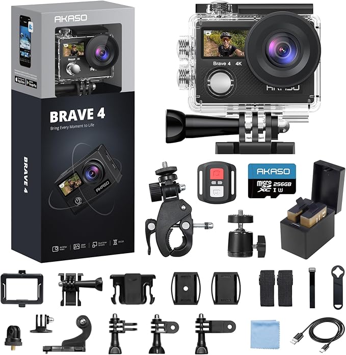 AKASO Brave 4 Action Camera with 256GB MicroSDXC U3 Card 4K30FPS 20MP Ultra HD 131FT Waterproof Underwater Camera EIS WiFi Remote Control 5X Zoom Sport Camera with Motorcycle Bicycle Accessories Kit