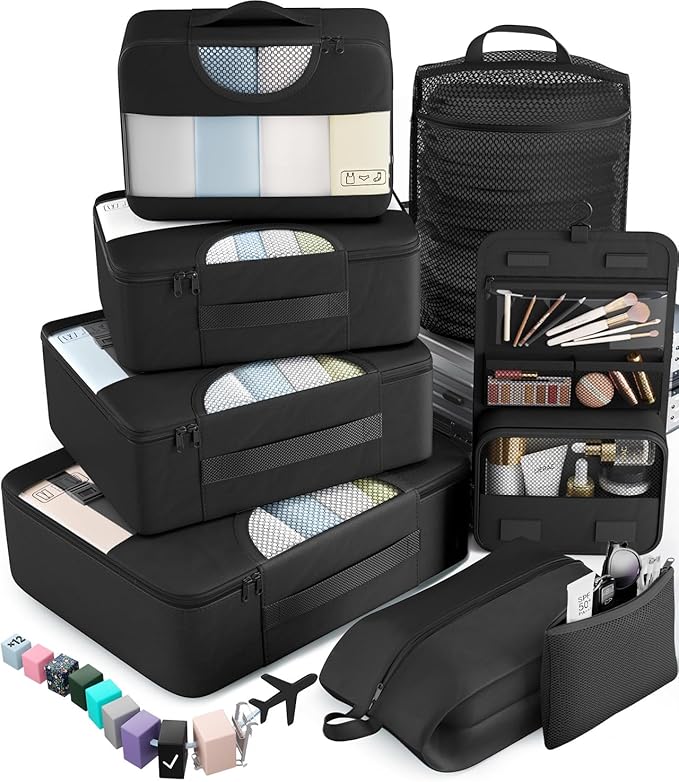 Veken 10 Set/8 Set Packing Cubes for Travel Essentials, Suitcase Organizer Bags in 4 Sizes, Carry-On Luggage Accessories with Laundry Bag & Passport Holder, Airplane Must Have, Camp Gifts for Men