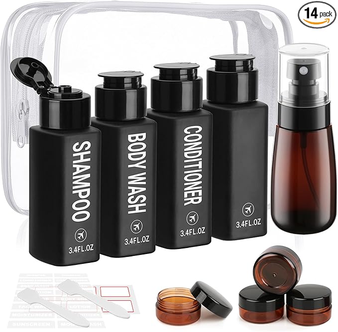 Travel Bottles for Toiletries 14PCS 3.4oz Pre-Printed Shampoo, Conditioner, Body Wash TSA Approved 2oz Travel Spray Bottle Leak Proof Plastic Cream Jars Refillable Lotion Containers(Black)