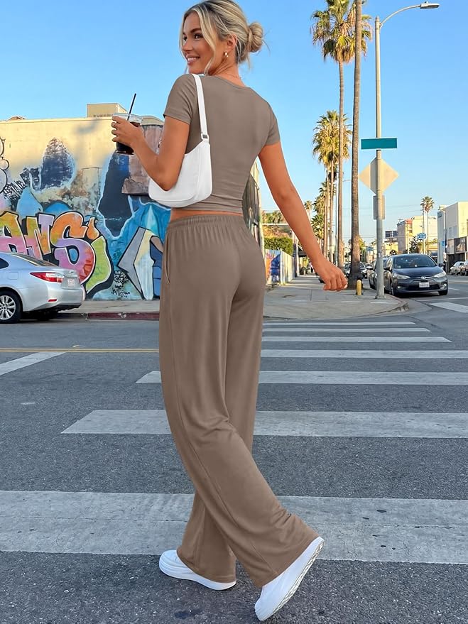 Trendy Queen 2 Piece Matching Summer Lounge Set Womens Side Ruching Top Wide Leg Pants Sets with Pockets