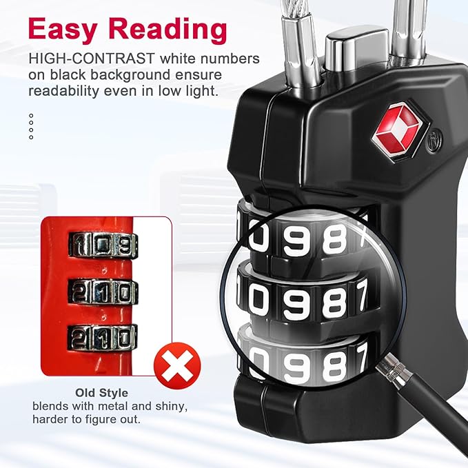 ZHEGE TSA Approved Locks for Luggage, 3 Digit Resettable Keyless Cable Locks with Zinc Alloy Body, Easy to Read White Numbers, for Suitcase, Backpack, Bag, Toolbox, Gym Locker (Black, 2 Pack)