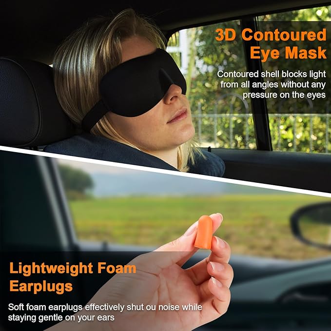 Travel Pillow - Hooded Neck Pillow Airplane Memory Foam Filling for Plane, Office, Cars Sleeping, Road Trip, Long Flights, Airplane Travel Essentials, Includes Eye Mask & Earplugs (Navy)