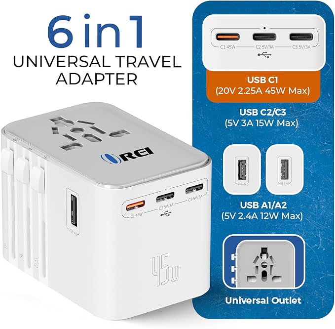 OREI 45Watt Universal Travel Adapter | 3X USBC 2XUSB A - 6-in-1 Universal Power Adapter | Universal Chargers for All Devices Compatible 150+ Countries | Type C, A, G, I Compatible