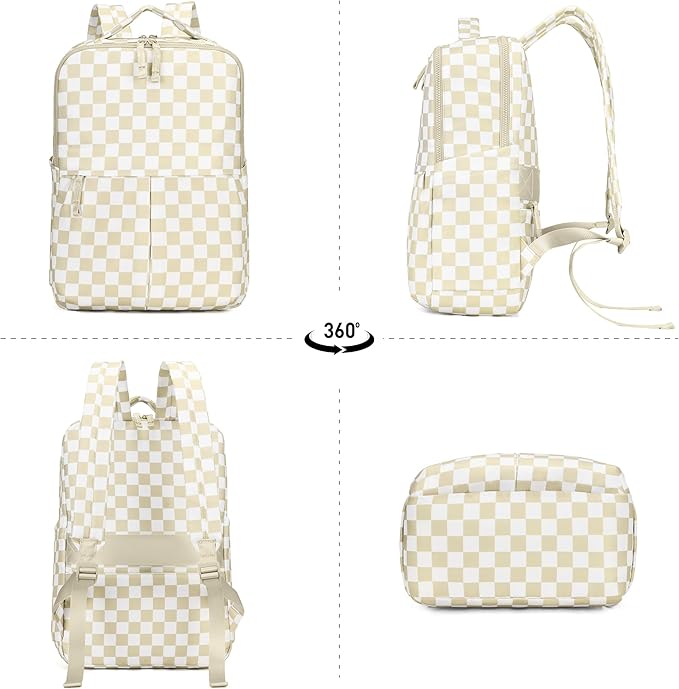 Checkered Backpack for Women Fashion Backpacks with Laptop and Multi Compartment for Travel and Work Beige Check