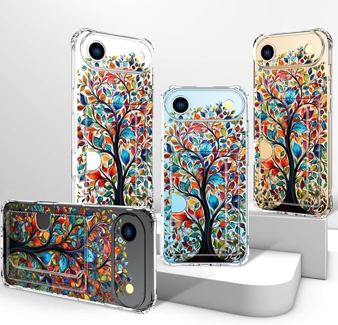 Compatible with iPhone 17 Air Case Card Holder for Women Cute Design,Wallet Phone Cases Transparent Cool Kawaii Protective (Clear Tree Colorful Leaves)
