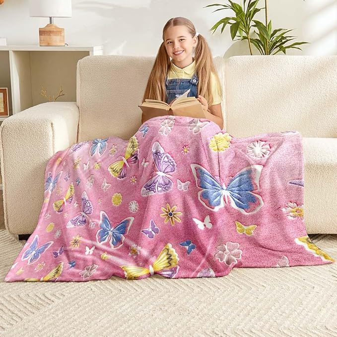 Wajade Glow in The Dark Butterfly Blanket for Girls, Soft Cozy Flannel Kids Throw Blanket for Boys and Girls, Cute Kids Blanket for Sofa Couch Bed, Christmas Birthday Gift 50"x60"