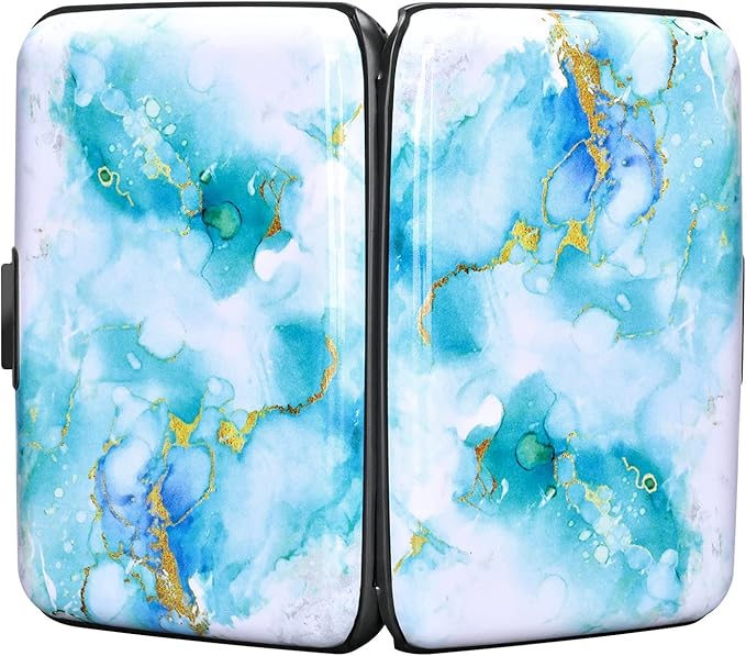 ELFISH Mini RFID Aluminum Wallet Credit Cards Holder Business Card Case Metal ID Case for Men Women (Green Marble)
