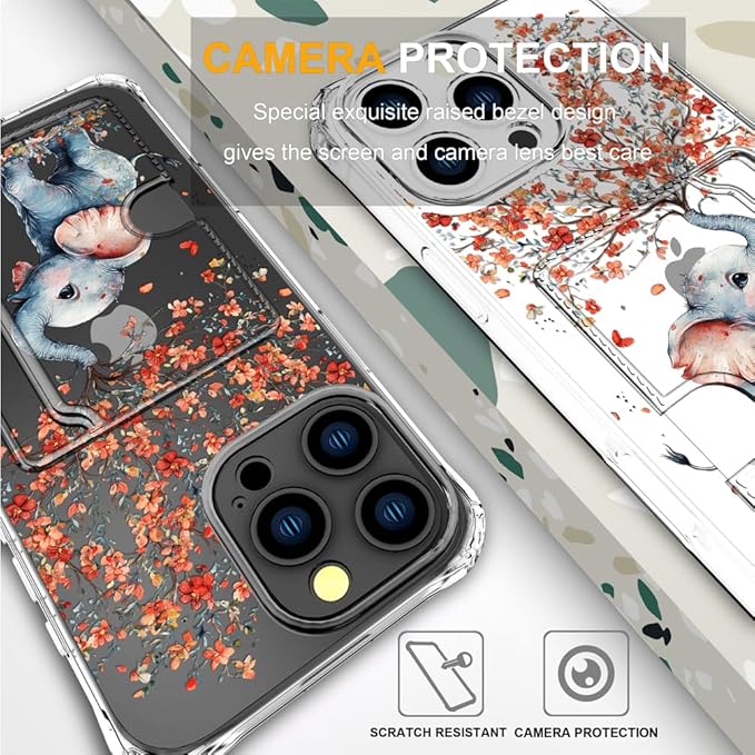 Compatible with iPhone 16 Pro Case Card Holder for Women Cute Design,Wallet Phone Cases Transparent Cool Kawaii Protective (Clear Elephant Creating Flowers)
