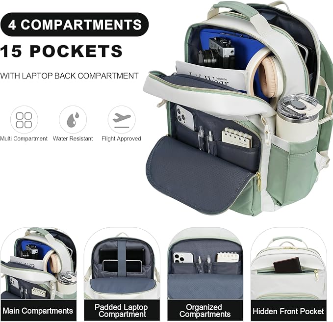VANKEAN Laptop Backpack for Women with Giant Tumbler Holder Pocket,17.3 inch School College Book Bag Nurse Teacher Backpack,Waterproof Work Travel Backpack Purse Laptop Computer Bag, Beige-Light Green