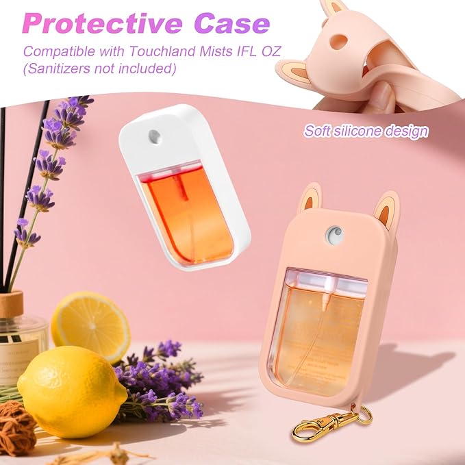 AIERSA Hand Sanitizer Spray Case Compatible with Touchland,Rabbit Ears Design Silicone Hand Sanitizer Case Holder with Keychain for Touch Land Mist Case 1FL. OZ (Blush Beige)