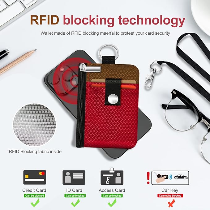 Minimalist RFID Blocking Small Wallet with ID Window,WaterResistant Zip Id Case Wallet with Lanyard Keychain for Cards,Cash,Travel,Women,Men (Red/Brown)