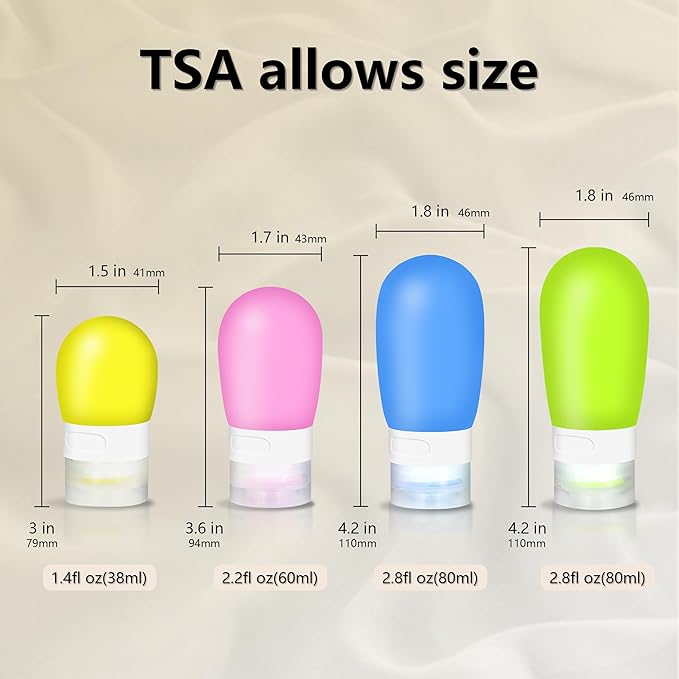 TSA Approved Travel Bottles-4 Pack Leak-Proof BPA-Free Silicone Squeezable Toiletry Containers for Shampoo Conditioner and Lotion for Men and Women