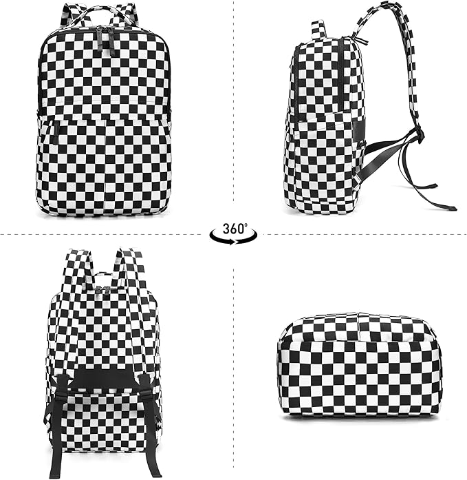 Checkered Backpack for Women Fashion Backpacks with Laptop and Multi Compartment for Travel and Work Black White Check