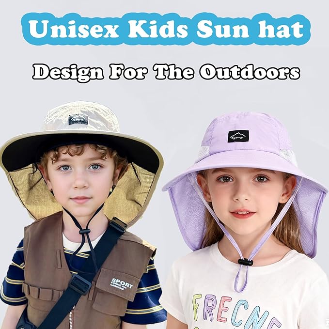Outdoor Kids Sun Hat with Neck Flap UPF 50+ Quick Dry Beach Hats for Baby Boys Girls Age 2-12 Years Adjustable