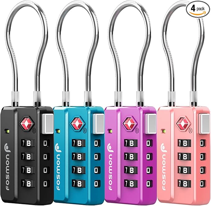 Fosmon Luggage Locks TSA Approved for Luggage & Suitcase, 4 Digit Mini Cable Locks Long Wire Padlock with 4 Combinations and Easy Reset Switch for Travel, Gym Locker, Gun Case, Backpack Zipper- 4 Pack