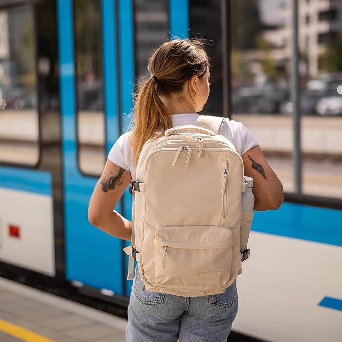 (Not Made In China) Travel Backpack For Men and Women, Airline Approved Carry On Bag w/Shoe Compartment, Holds 15.6" Laptop Computer, USB Charging Port (Amerigo, Beige,1 Pack)