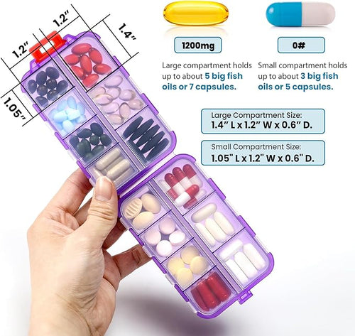 14 GRIDS Travel Pill Organizer Box with Labels - Travel Medicine Case Kit - Pocket Daily Pharmacy Container - Travel Medication Holder Dispenser for Fish Oil Vitamin Supplement Storage - Clear Purple