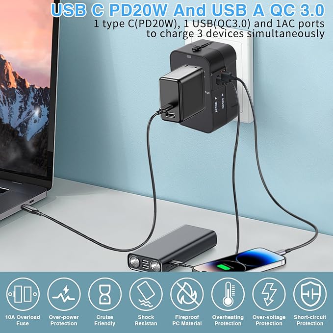 Universal Travel Adapter, PD20W International Power Adapter,1 Type-C & 1 USB-A Fast Charging Travel Charger, All in One Worldwide Wall Travel Plug Adapter, Outlet Power Plug Converter for EU UK USA AU