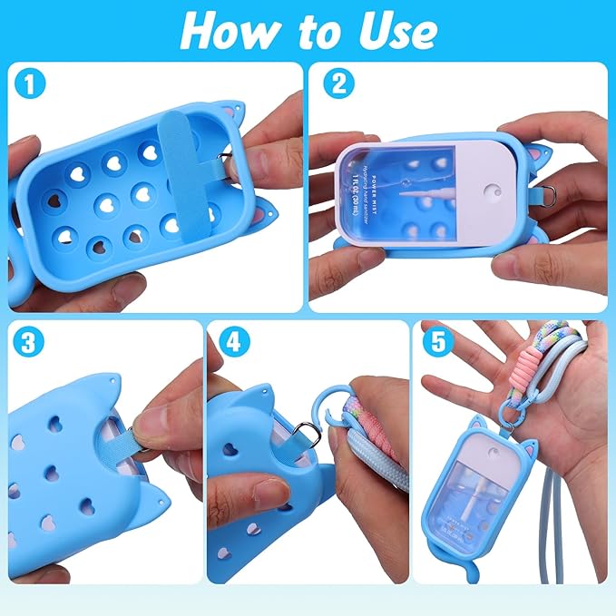 Juome Hand Sanitizer Spray Case for Touchland with Adjustable Keychain Lanyard & Charms, Cat Silicone Protective Holder for Touch Land Mist Case 1FL. OZ, Travel Cover Sleeve Accessory - Blue