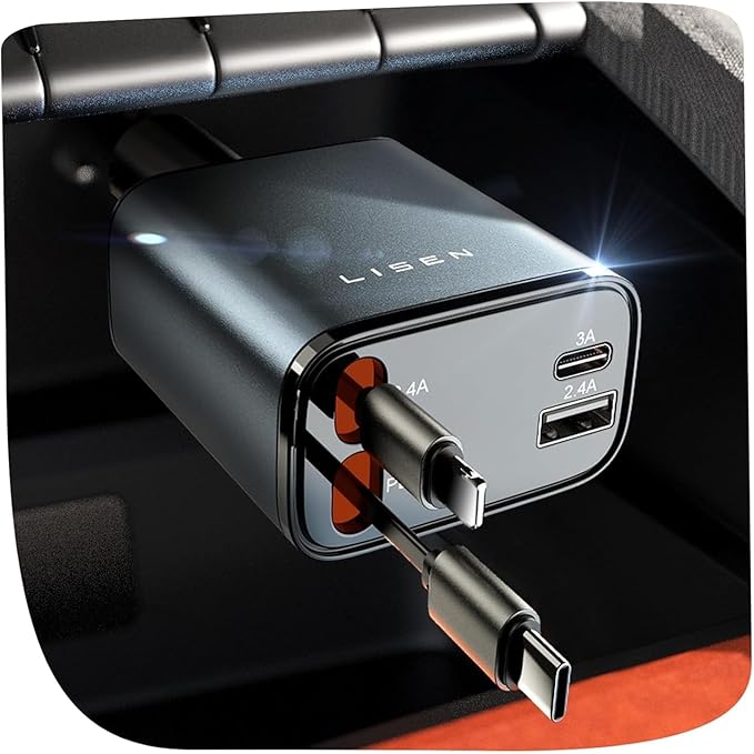 LISEN Retractable Car Charger, Gifts for Mothers Day 2026, 84W Car Charger USB C Fast Charge, Gifts for Mom Dad Him Her, Travel Essentials Car Accessories for Men Women Gifts for iPhone 17 16 15 14 13