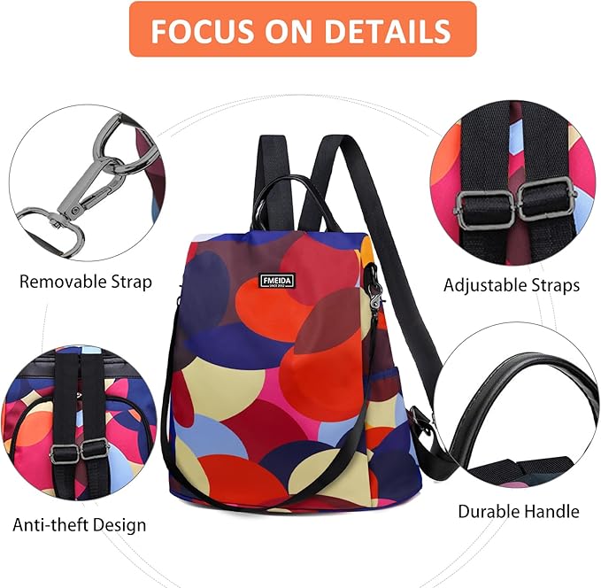 Backpack for Women Anti Theft Back Pack Purse Waterproof Nylon Backpack for College Bookbag Fashion Travel Shoulder Bag Colorful Polka Dots