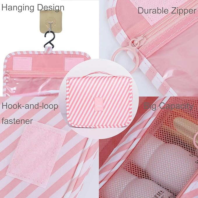 Travel Toiletry Bag for Women, Hanging Toiletry Bag with Multi-Pockets, Toiletry Bag for Traveling Easy Clean, Travel Organizer Bag Pink-strip
