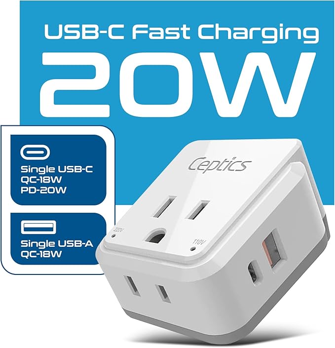 Ceptics Thailand Travel Adapter Set, 20W PD & QC, Type O - 3.1A - 4 in 1-2 USA Inputs, 1 USB Port, 1 USB-C Port - Compact, Powerful - Includes Type O Swadapt Attachments