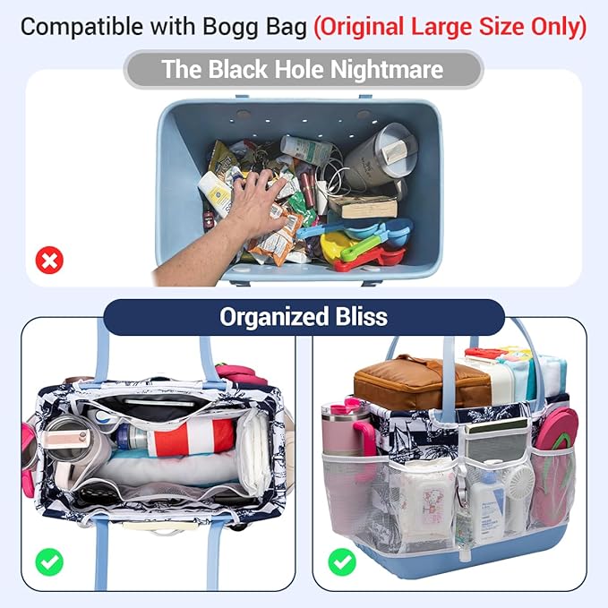 Custom Fit Organizer Bag Insert ONLY for Bogg Bag Custom Fit Inner Liner Pouch for Original Large XL Rubber Tote Zippered Organizer with Pockets for Beach Travel Sports Mom (BLUE WHITE STRIPE, LARGE)