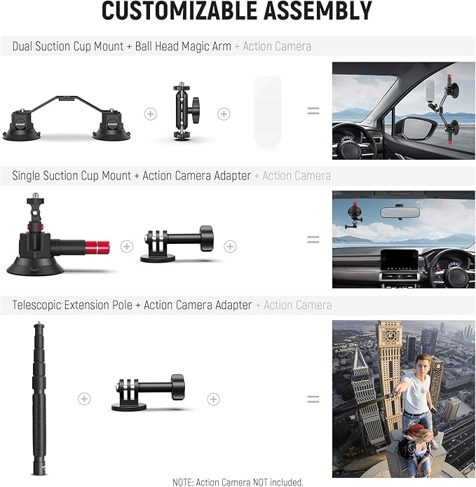 NEEWER Triple Suction Cup Car Mount Kit with 2in1 Extension Pole/Selfie Stick, Quick Release Outside Windshield Magic Arm Camera Mount Compatible with Insta360 Action Cam, Cleaning Cloth, CA065