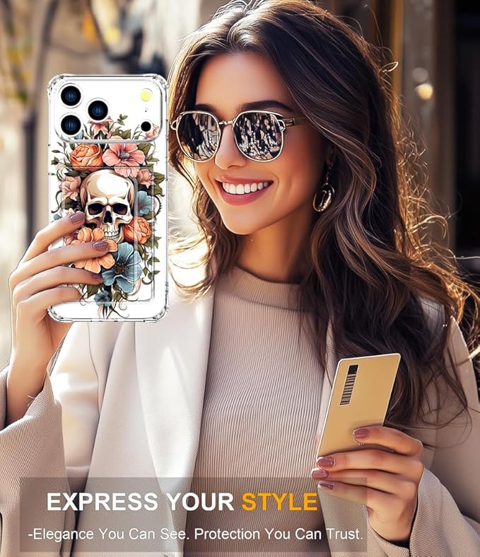 Compatible with iPhone 17 Pro Case Card Holder for Women Cute Design,Wallet Phone Cases Transparent Cool Kawaii Protective (Clear Skull & Flowers)