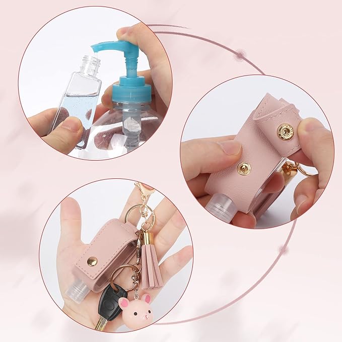 Unaone 1oz/30ml Hand Sanitizer Holder Travel Size, Empty Bottles Leather Sanitizer Holder with Keychain Portable Small Squeeze Bottle Refillable Container for Toiletry Lotion Liquid Soap Shampoo Pink