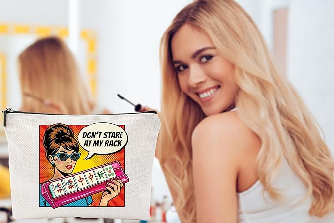 ZUYUROU Funny Mahjong Gifts for Women - Don't Stare At My Rack Makeup Bag - Retro Pop Art American Mahjong Accessories - Zipper Pouch for NMJL Card, Tiles, and Cosmetics - Unique Game Night Prize