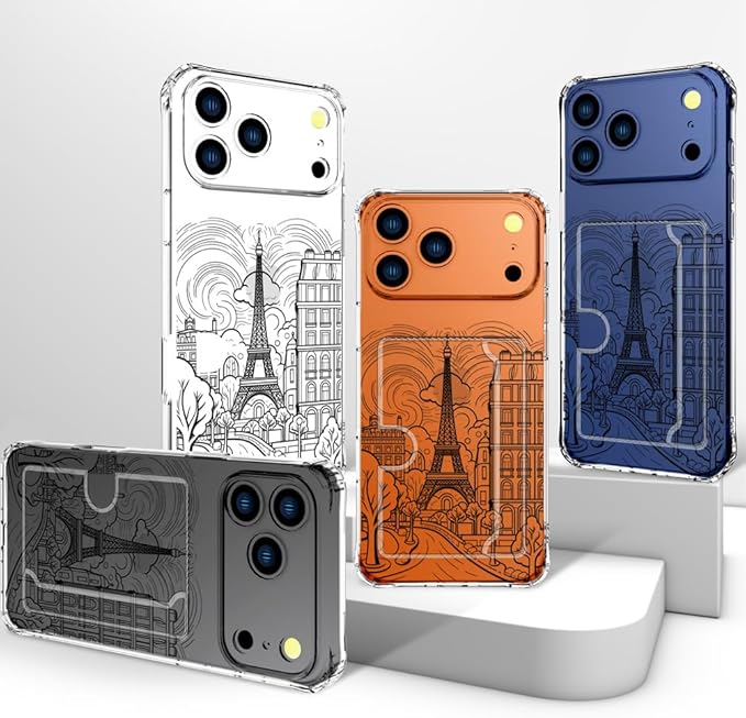 Compatible with iPhone 17 Pro Case Card Holder for Women Cute Design,Wallet Phone Cases Transparent Cool Kawaii Protective (Clear Paris City Eiffel Tower)
