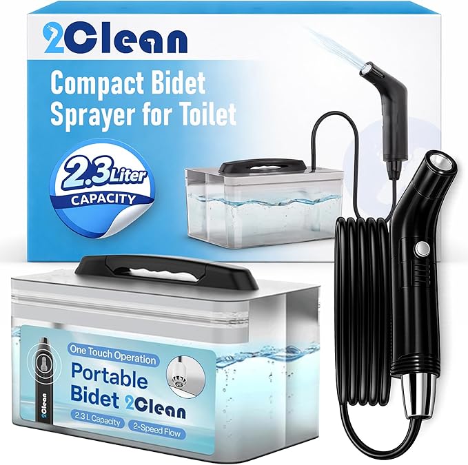 2Clean Portable Electric Travel Bidet - USB Rechargeable Bidet for Men and Women, Toilet Hygiene Solution with 2.3 Liter Container, Lightweight, Portable Device for Travel, Camping, Outdoor Living