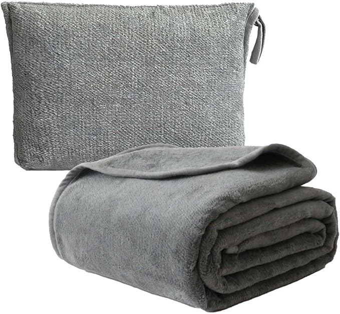 Travel Blanket Pillow, Soft Airplane Blanket 2-in-1, Travel Blanket Airplane Compact with Bag, Travel Essentials Accessories for Plane and Car,60x40 Grey