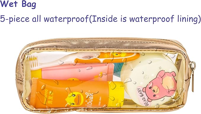 Remobia Hicol TSA Approved 5-Piece Diaper Bag Organizer Pouch Set Clear Waterproof TPU Kids Toiletry Storage Set Travel Packing Clutch Cube Bags for Baby Nursing(Gold leather)