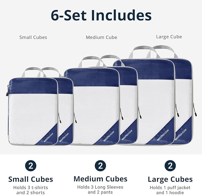 NICOSHOW 3 Set Compression Packing Cubes for Travel - Compressible, Lightweight, and Space-Saving Packing Cubes, Travel Essentials for Women, Navy