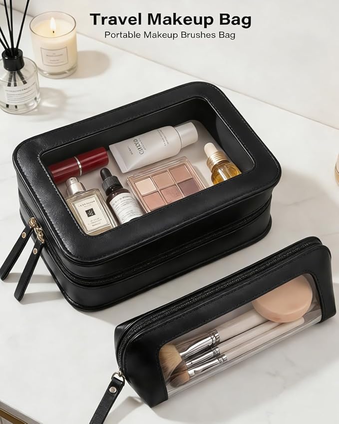 LETGO 2Pack Clear Makeup Bags Set, Portable Makeup Brush Bag, Zipper Storage Bag Organizer Pouch, Versatile Storage Stationery, Travel Storage Bag, Portable Cosmetic Storage Bag (Black)